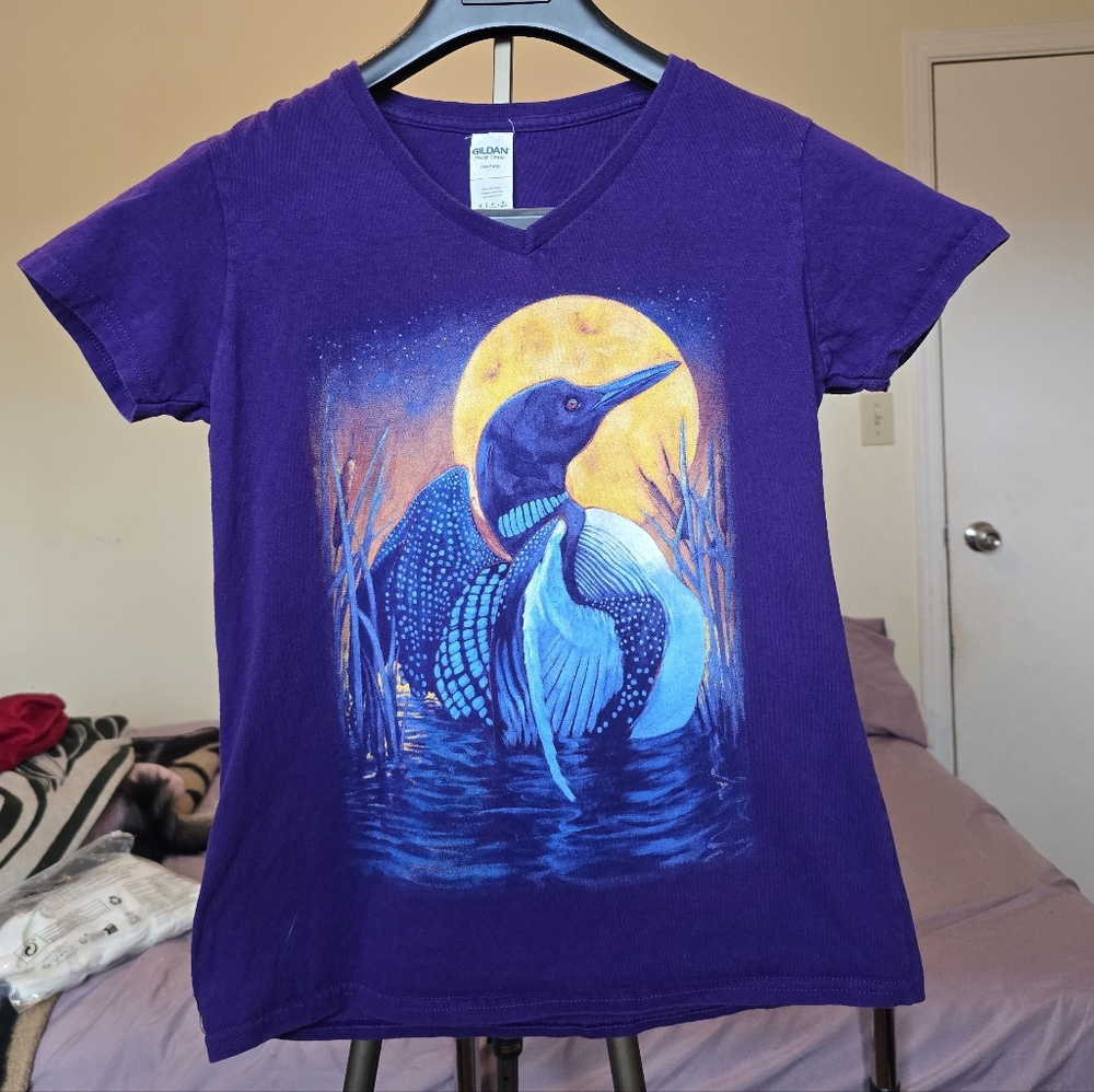 Gildan Purple V-Neck Tee with Moonlit Loon Lakelse Lake Provincial Park, BC